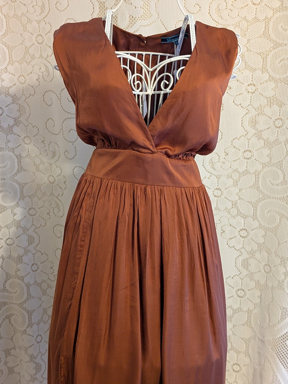 Shore's Rust Brown Satin V-Neck, Maxi Dress with Gathered Waist (L)